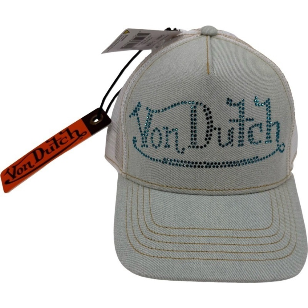 VON DUTCH NEW OS Trucker Hat Light Blue Denim Rhinestone Logo Y2K Mesh Snapback